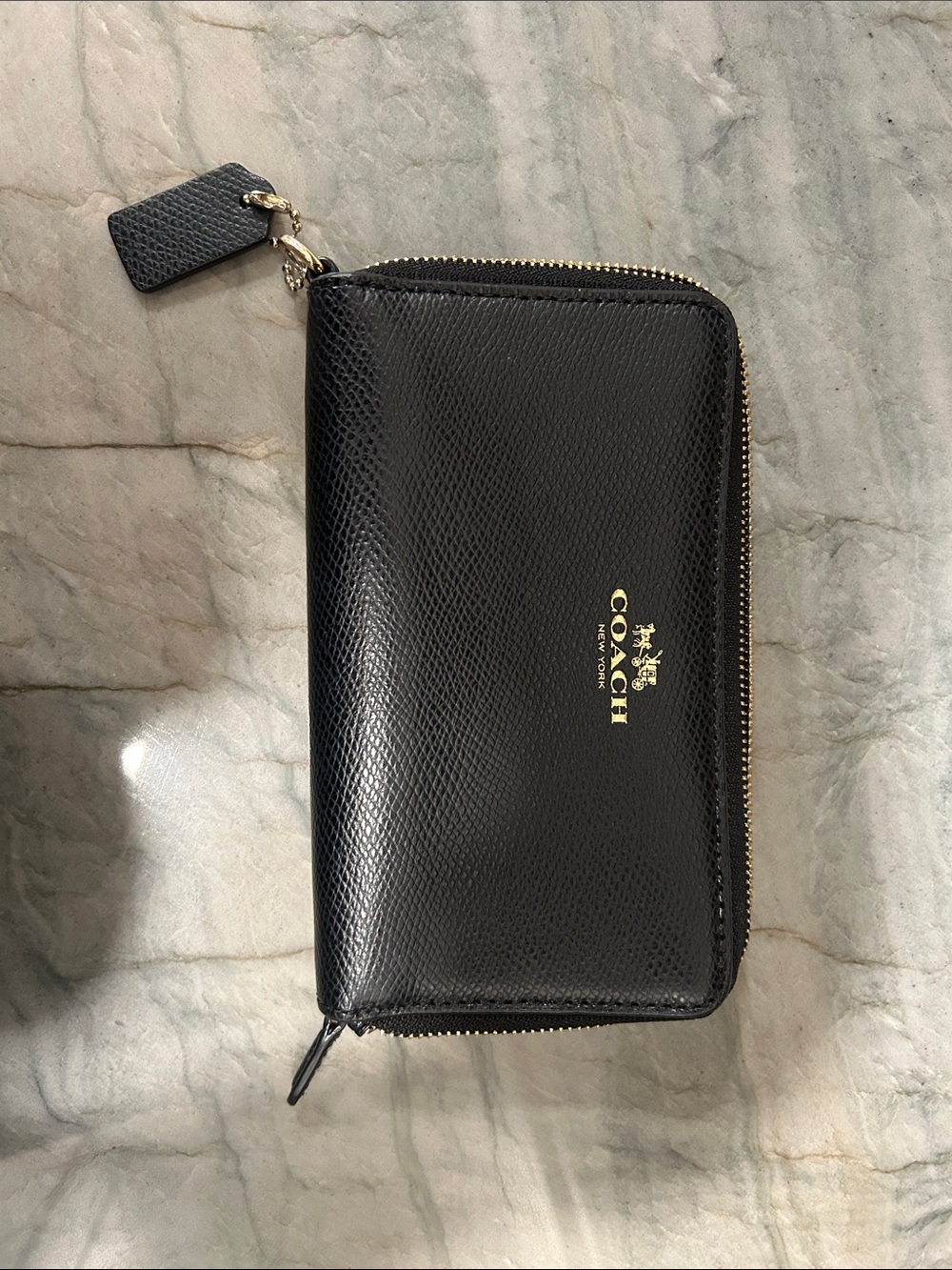 Coach Black Pebbled Leather Zip Wallet with Gold Logo Accent